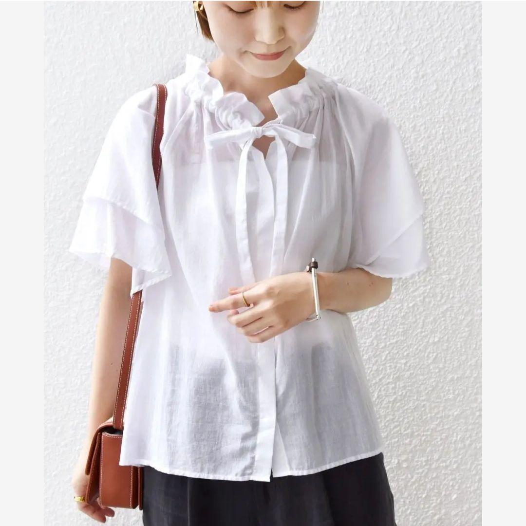 美品　SHIPS 24SS コットンボイル　ネックギャザー　ボウタイブラウス
