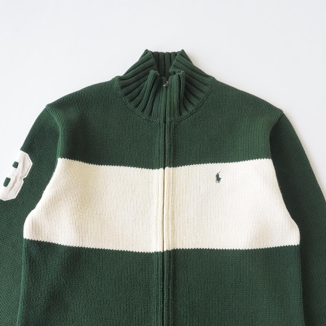 ラルフローレン　ドライバーズニット　ジップアップ　グリーン　ボーダー柄　美品