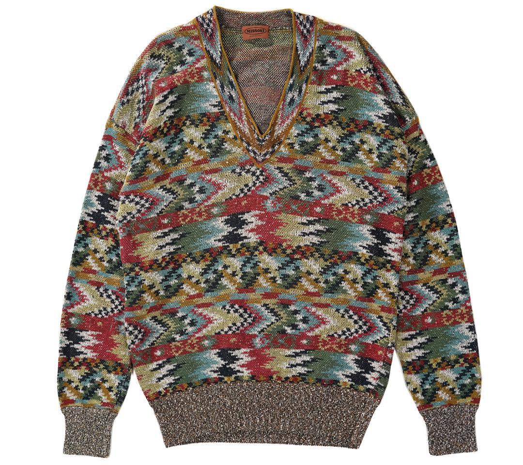 イタリア製 90s MISSONI Vネック 幾何学 サマー ニット 52
