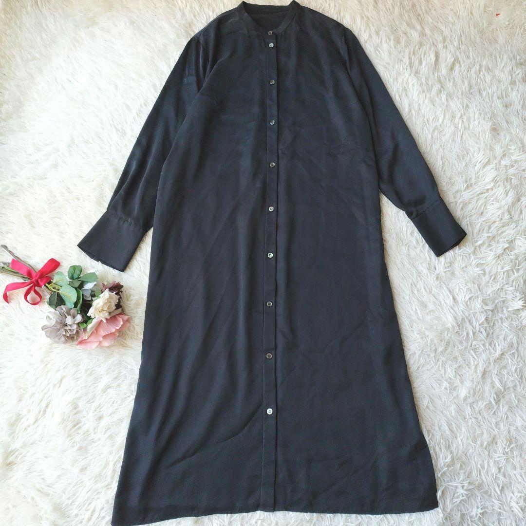 23SS♡美品✨iCB ロングシャツワンピース 上質サテン ブラック 42/XL