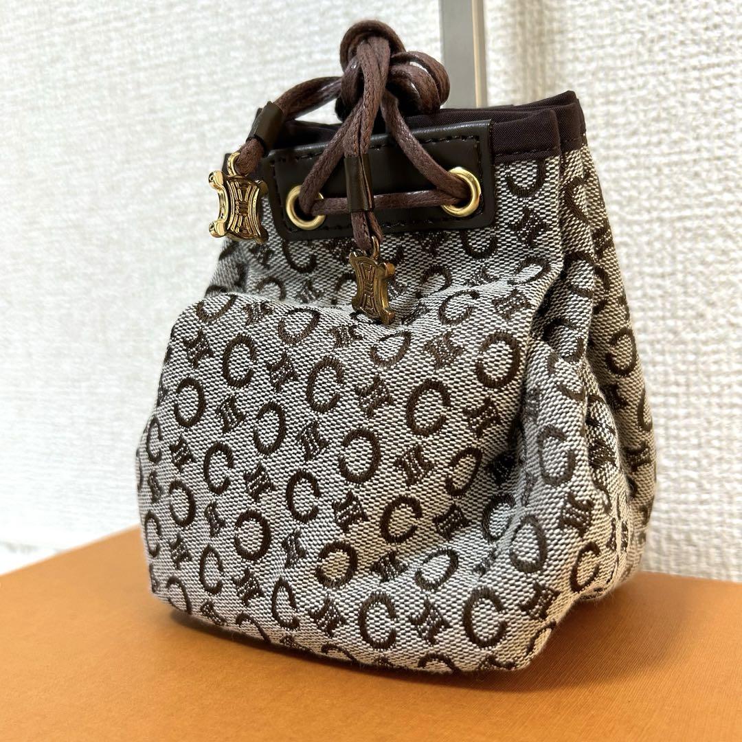 【新品未使用✨巾着ポーチ/マカダム】セリーヌ　小物入れ　ブラウン　革　キャンバス