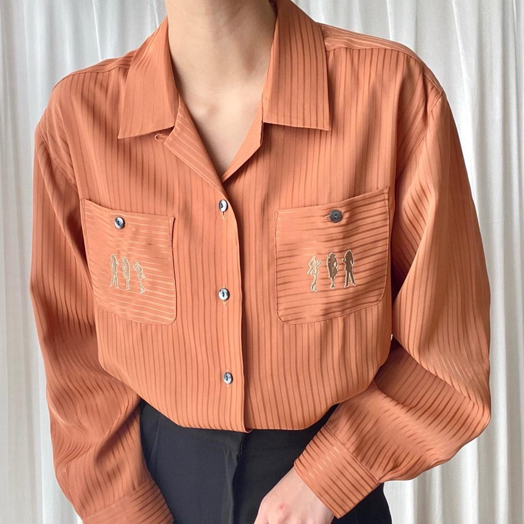 2021超人気 ヴィンテージ 刺繍 ストライプ 柄シャツ ブラウス 古着