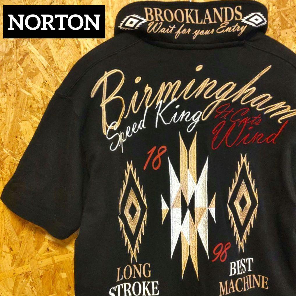 「NORTON ノートン」ネイティブ刺繍ロゴポロシャツ ブラック バイカーシャツ