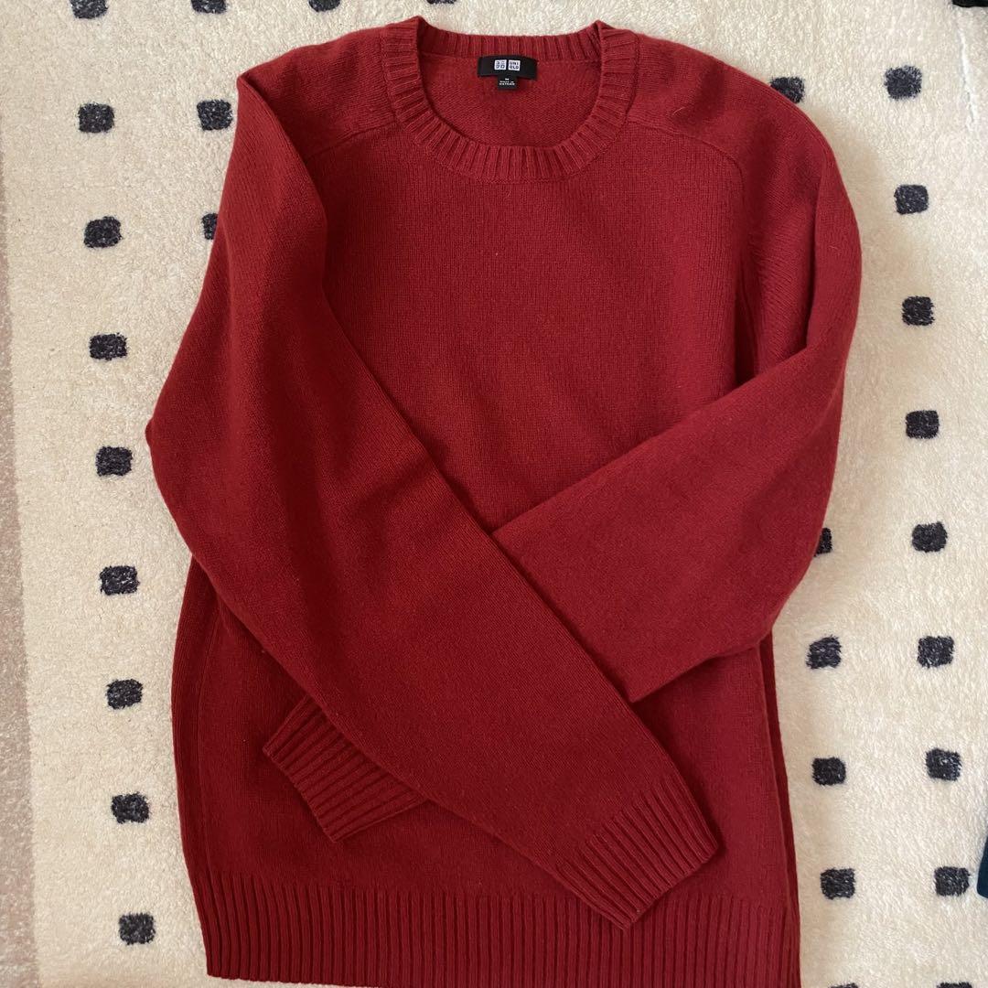 美品 UNIQLO カシミヤクルーネックセーター レッド M 長袖 赤