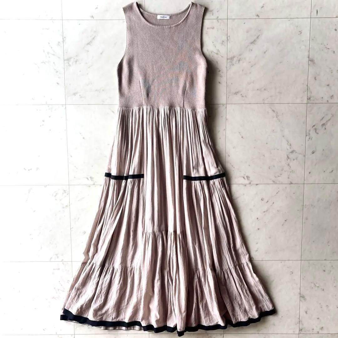 美品 フレイアイディー ニットコンビティアードワンピース ベージュ フレア