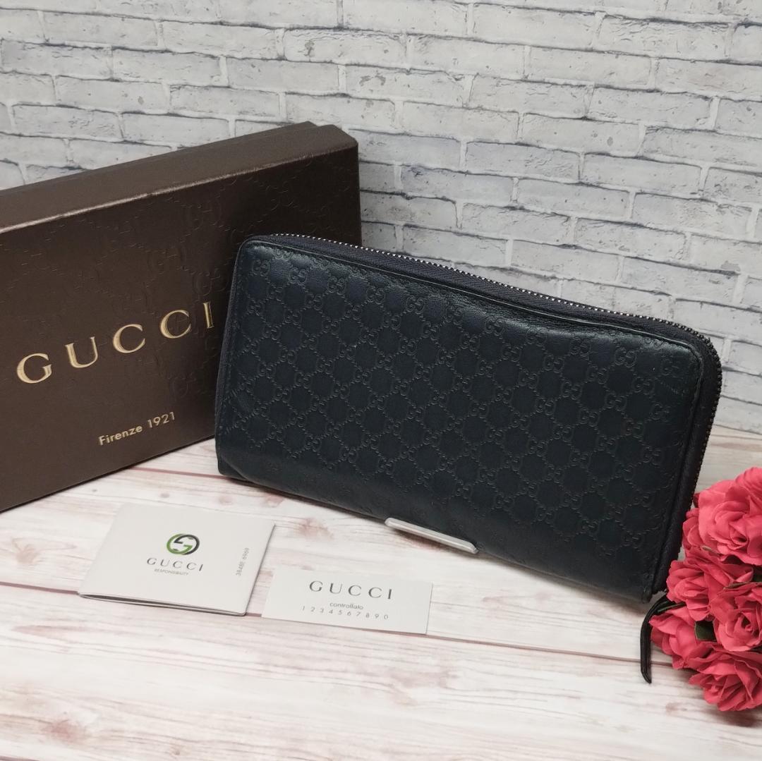 美品✨Gucci マイクロＧＧシマ ラウンドファスナー長財布 ネイビー
