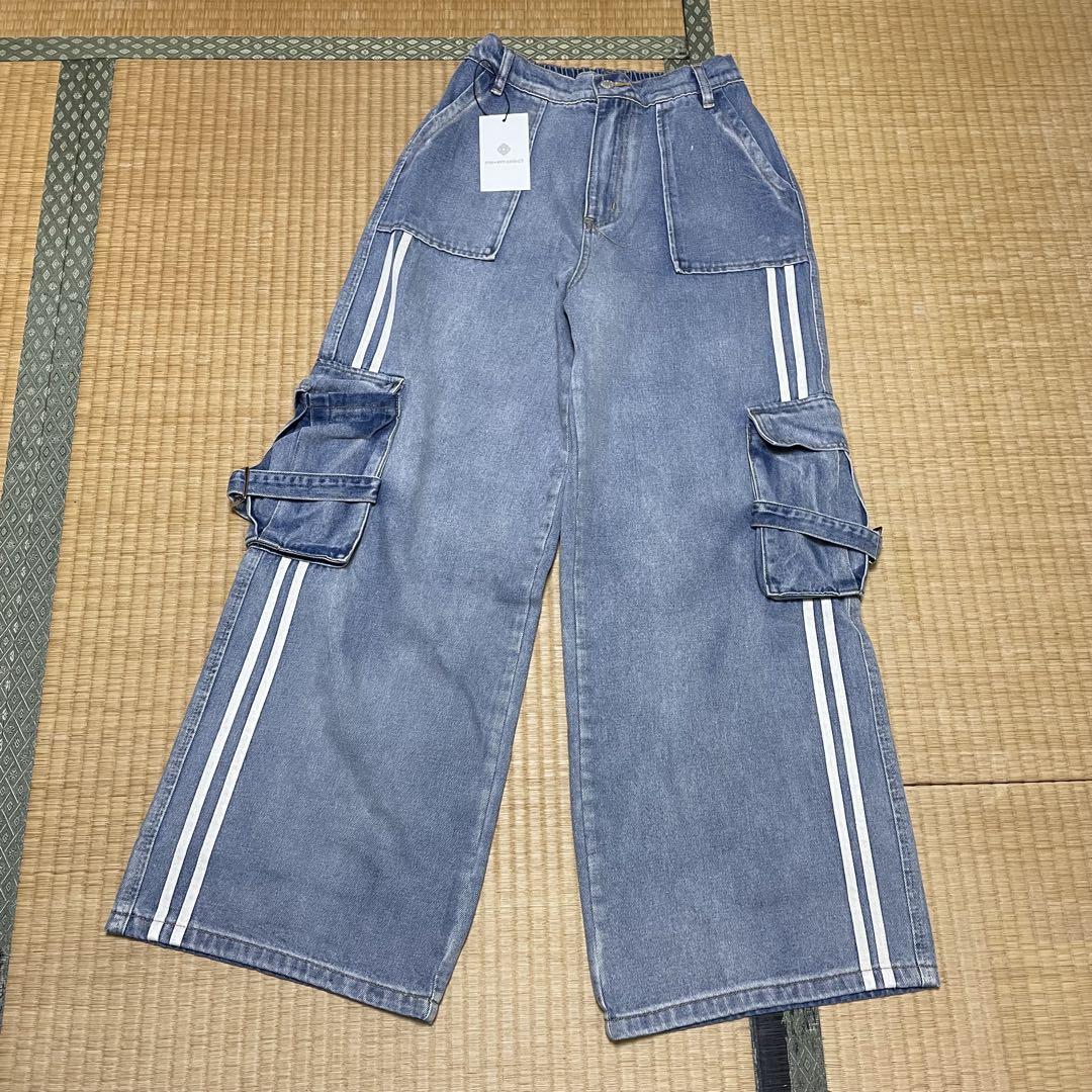 新品 me+emselect サイドラインストレートカーゴデニムパンツ ブルー