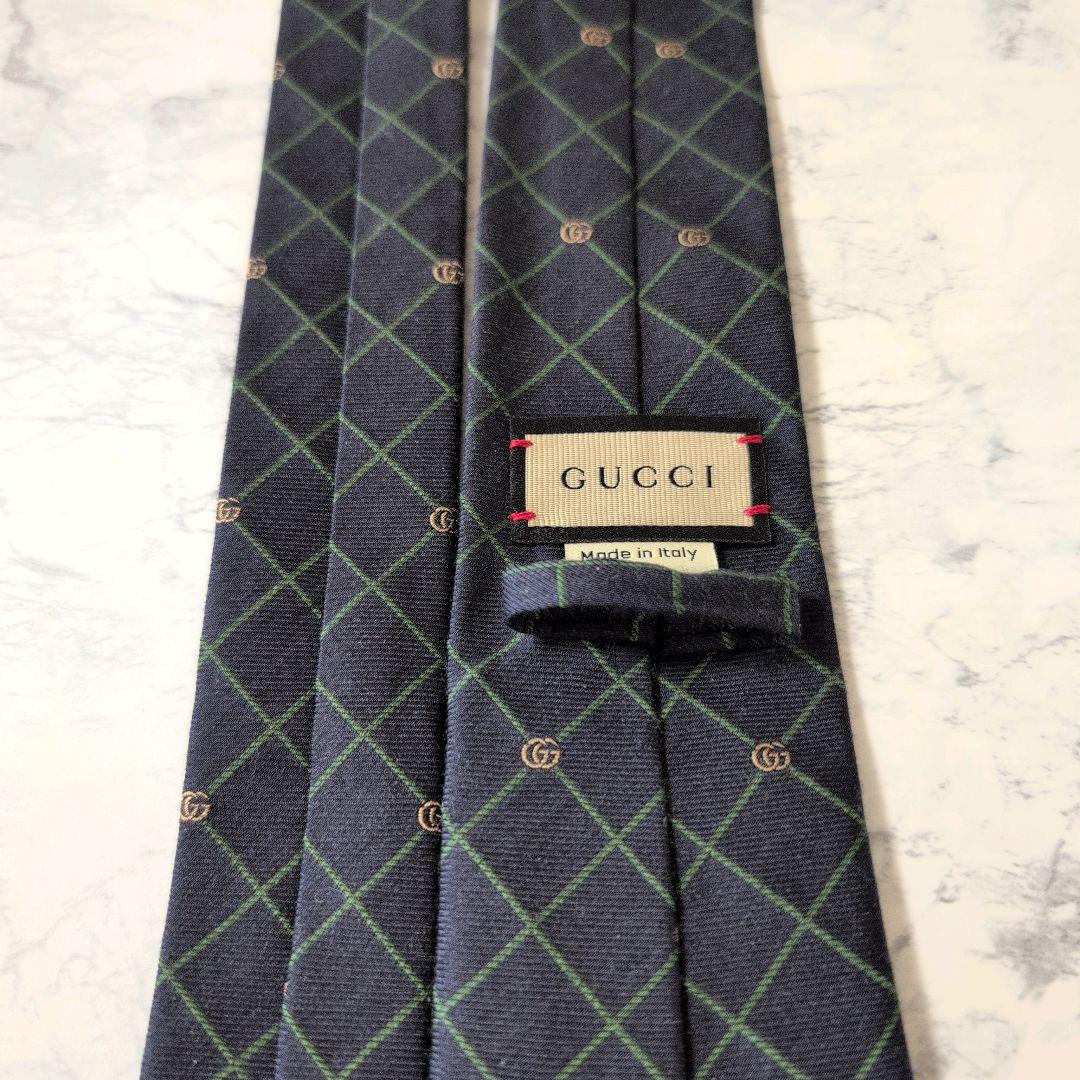 【極美品】GUCCI ネクタイ GG マーモント ネイビー ジャガード チェック