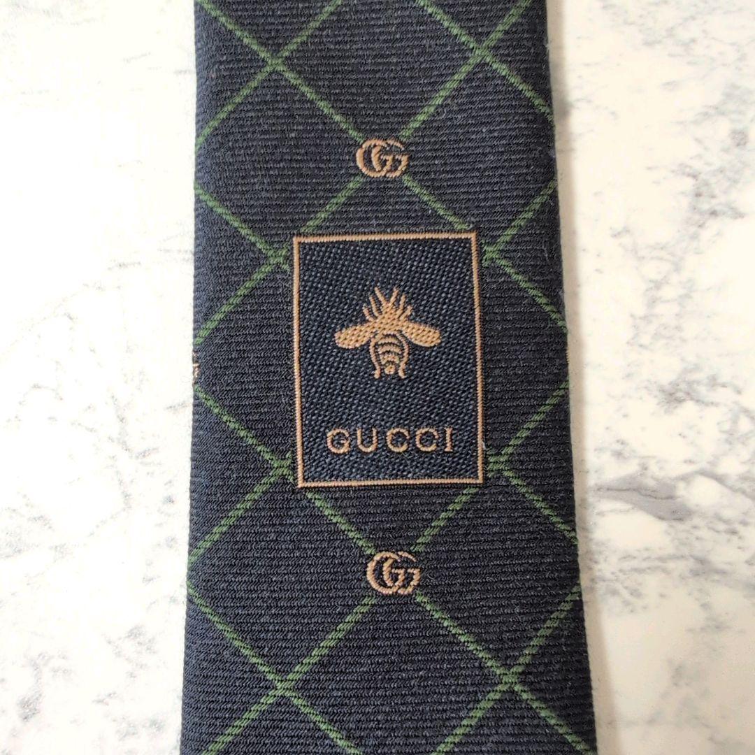 【極美品】GUCCI ネクタイ GG マーモント ネイビー ジャガード チェック