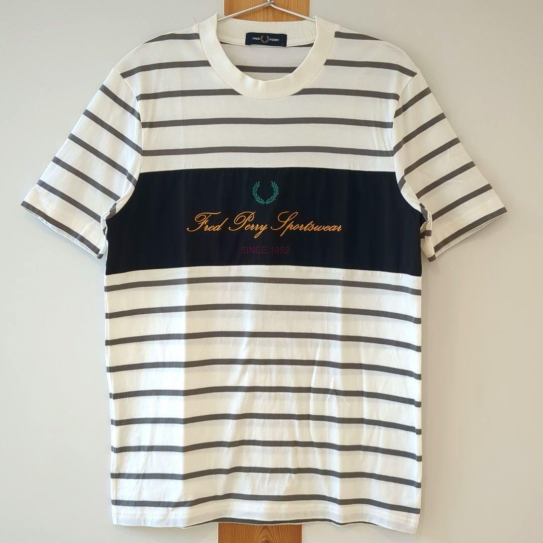 Lサイズ FRED PERRY ポロシャツ ロゴ刺繍 ベージュ系 ボーダー FRED PERRY フレッドペリー ポロシャツ L ボーダー 刺繍ロゴ