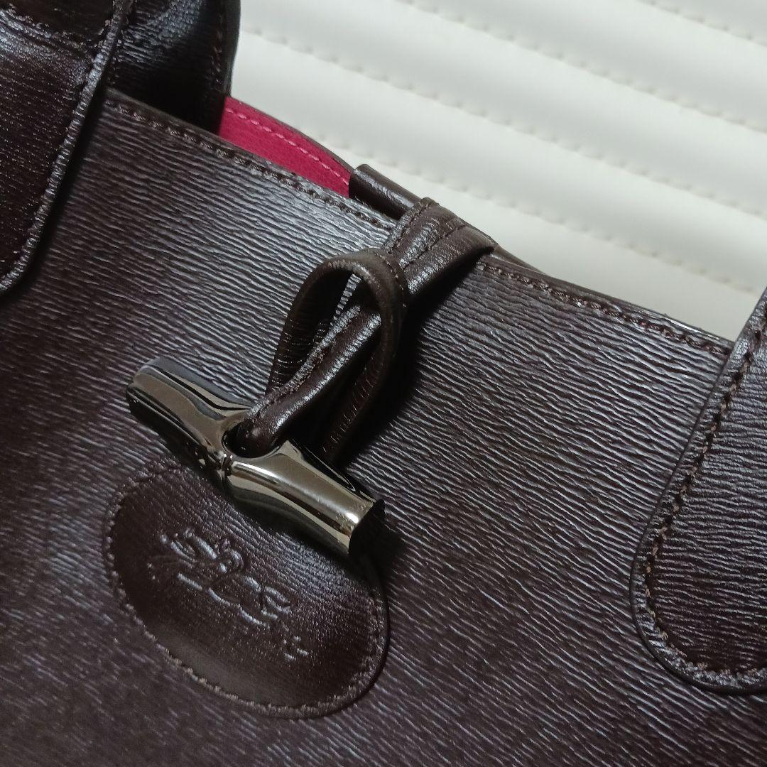 2181　ロンシャン　ロゾ　ハンドバッグ　レザー　ダークブラウン／ピンク　極美品 2181 ロンシャン ロゾ ハンドバッグ レザー ダークブラウン