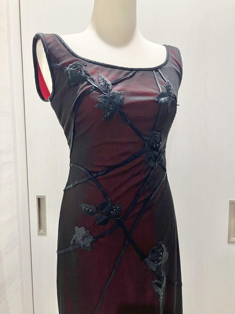 【TADASHI SHOJI】赤×黒 花しストレッチ ロングドレス TADASHI SHOJI 赤ロングドレス ｜ハイブランド・海外ブランドの