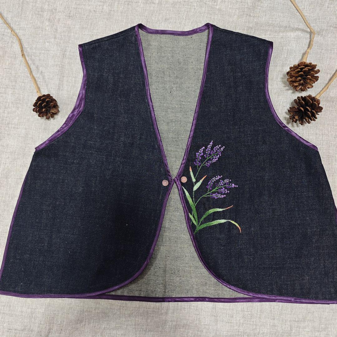 ハンドメイド ダークデニム 手刺繍 ベスト 手作り 薄手