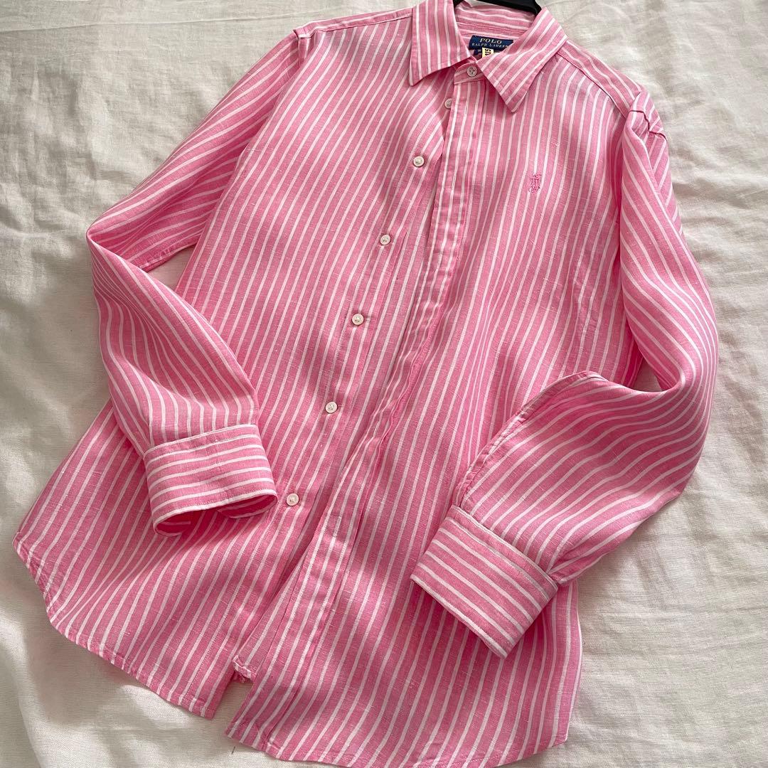 ラルフローレン ストライプリネンシャツ ワンポイント刺繍XS SS Polo By Ralph Lauren