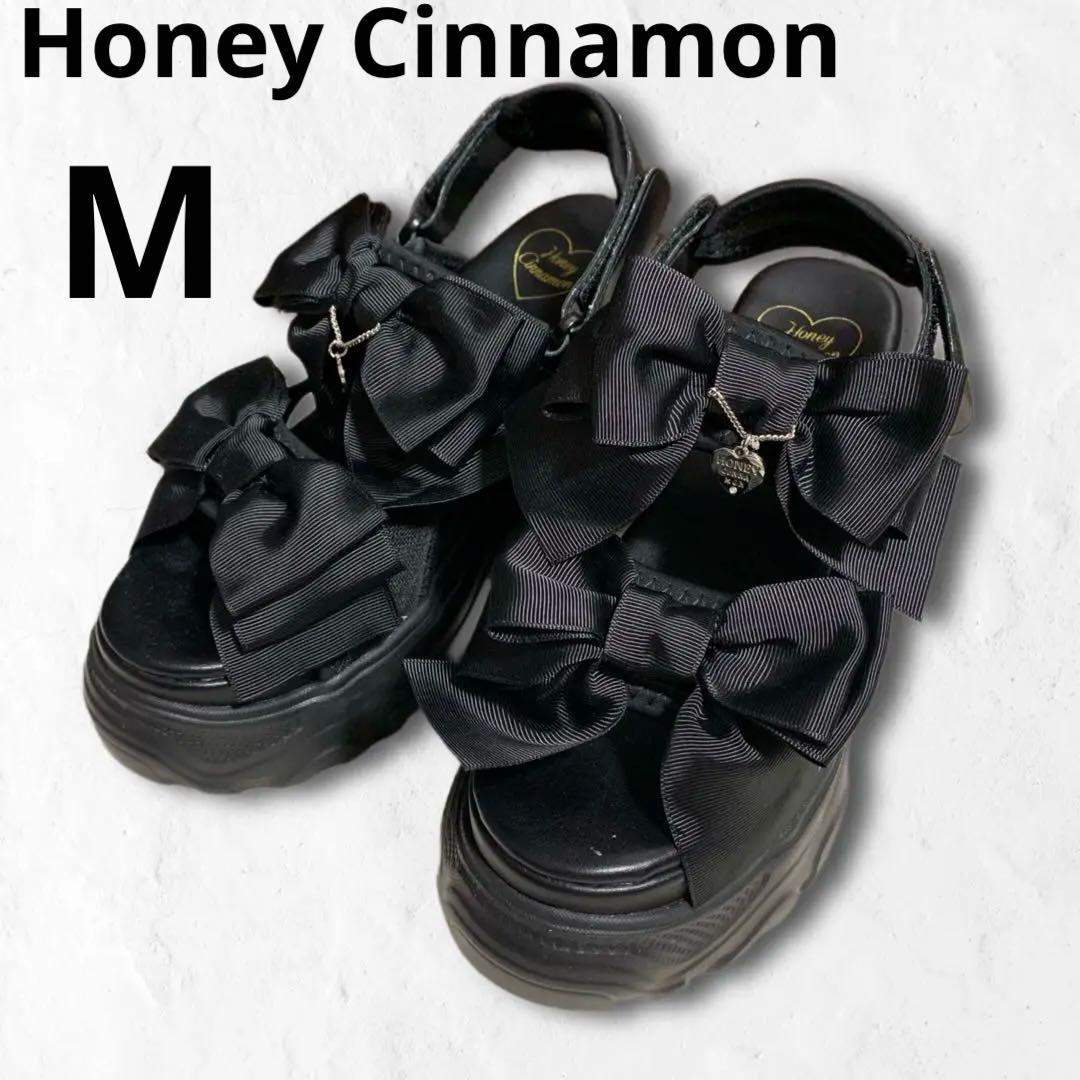 Honey Cinnamon 黒 M 厚底 サンダル リボン