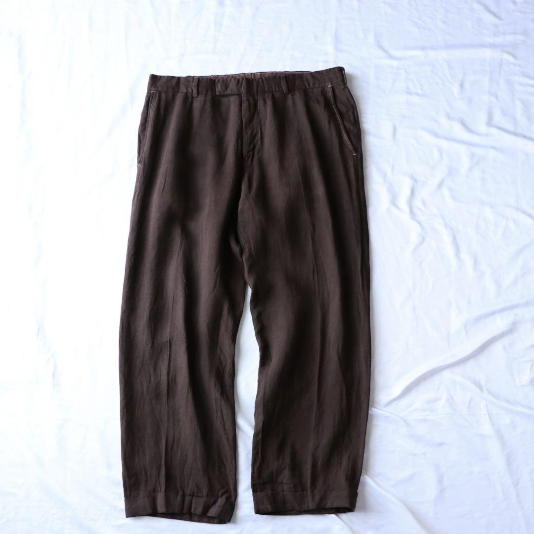 特価ブランド HUGO 希少 古着 00s 90s ワイドスラックス ブラウンリネン BOSS パンツ