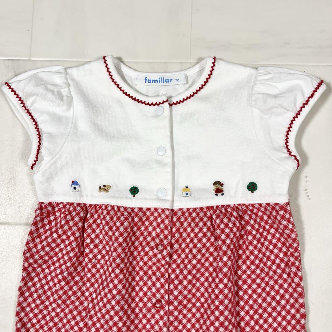 美品 ファミリア ロンパース 70 女の子 半袖ロンパース 夏服 赤