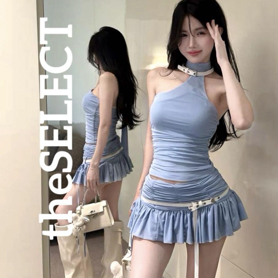 韓国 服 レディース セットアップ 水色 ミニスカート ノースリーブ 水色 人気
