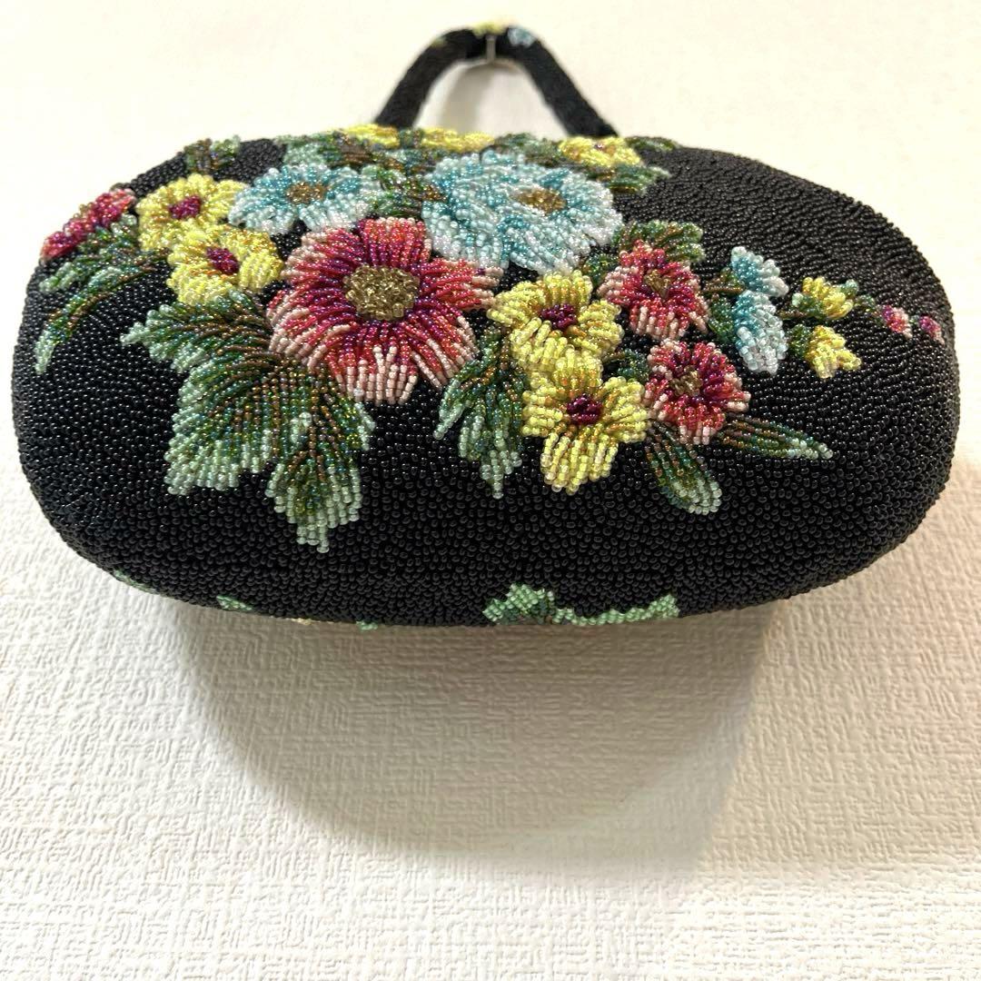 昭和レトロ　花柄　ビーズ　刺繍　ハンドバッグ