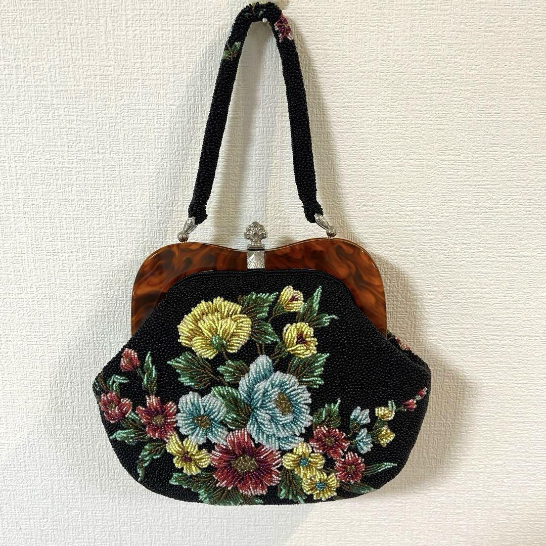 昭和レトロ　花柄　ビーズ　刺繍　ハンドバッグ