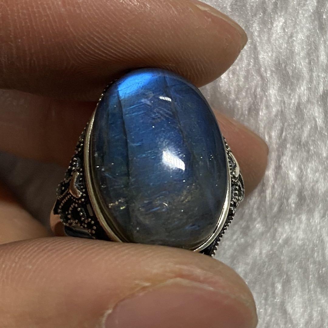 天然石リング　ラブラドライト　青シラー　19*13mm SV925刻印