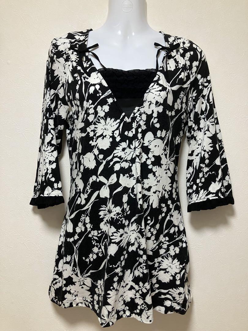 インゲボルグ】夏涼しげリボン花柄七分袖チュニックカットソーT