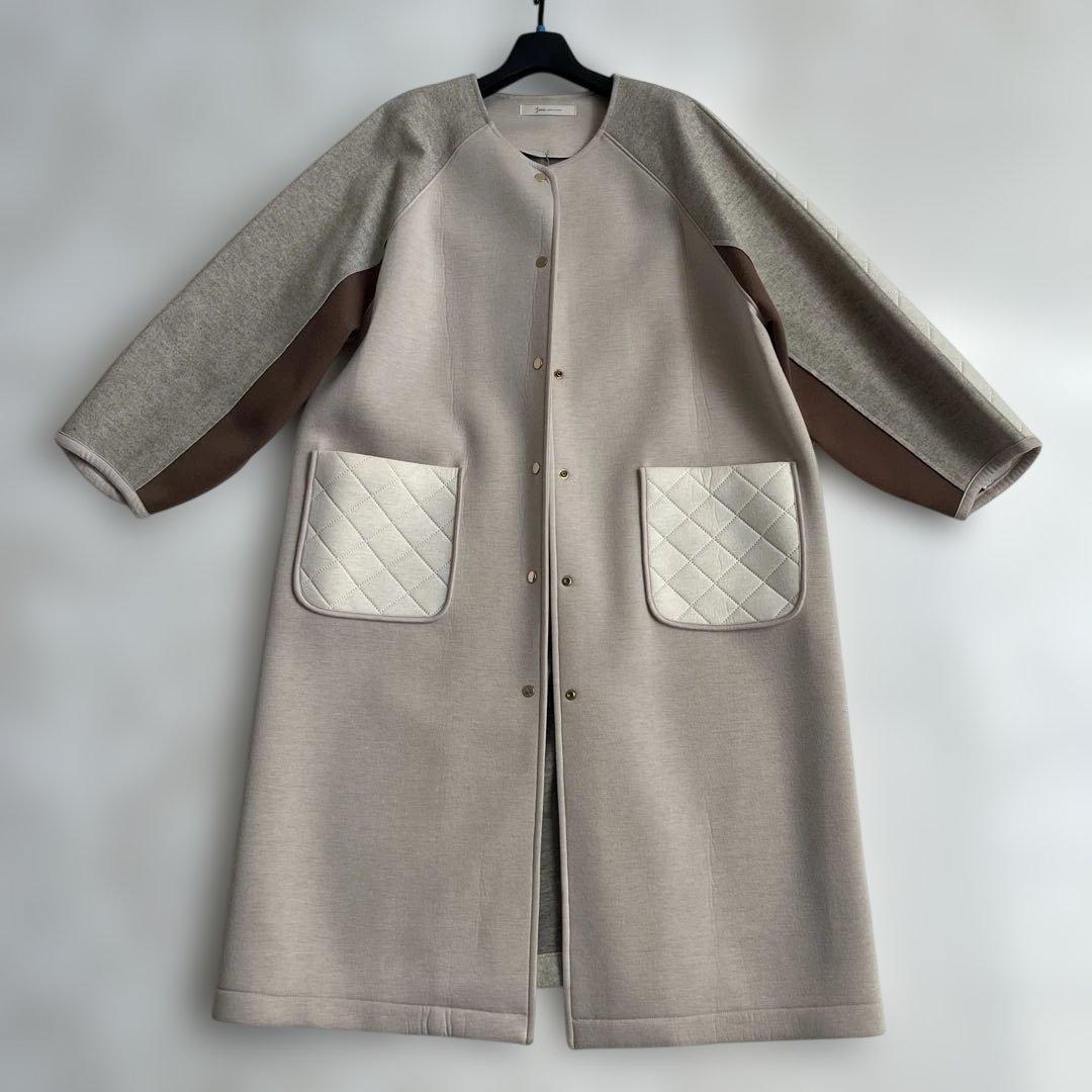 【人気】ベージュ スウェット ロングコート キルティング切り替え ポケット付き