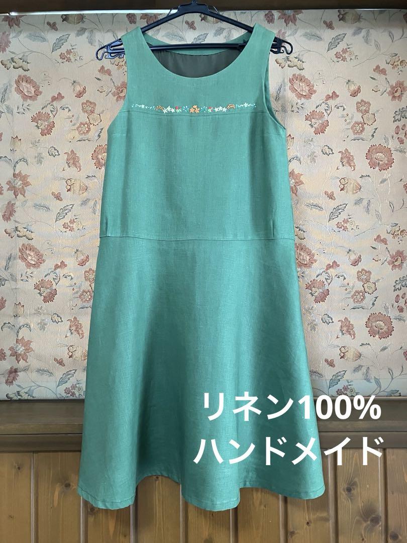 ハンドメイドノースリーブ Aラインワンピース リネン100%(刺繍入り)