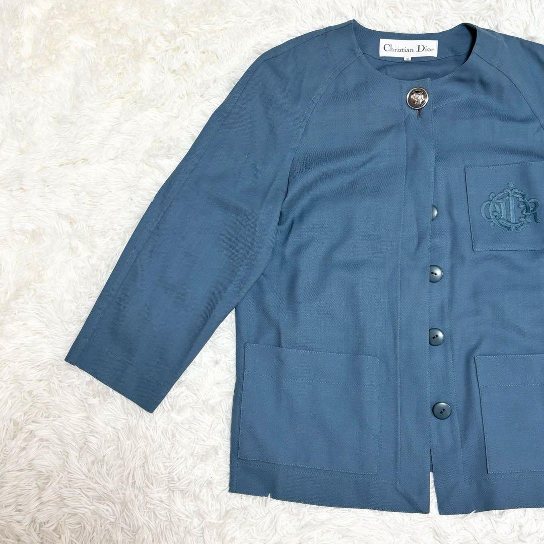 美品　Dior ノーカラー　ジャケット　ロゴ刺繍　金ボタン　比翼　M