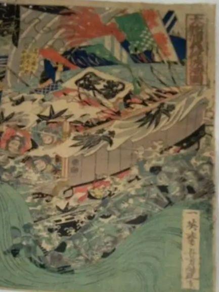 浮世絵、大物浦義経渡圖芳艶画三枚綴りの右側と左側繋がってます。真ん中ありません。