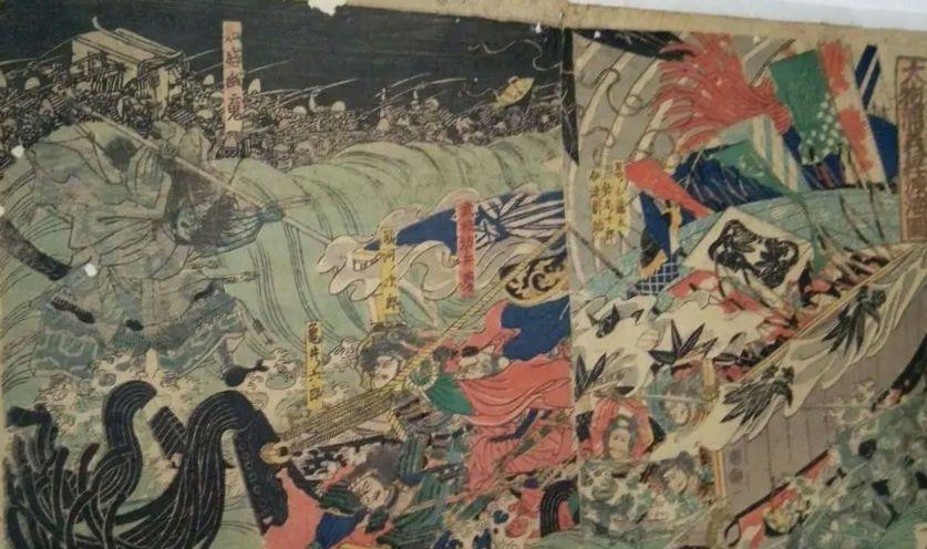 浮世絵、大物浦義経渡圖芳艶画三枚綴りの右側と左側繋がってます。真ん中ありません。
