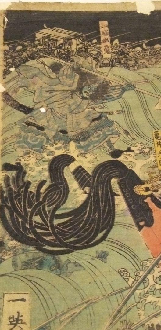 浮世絵、大物浦義経渡圖芳艶画三枚綴りの右側と左側繋がってます。真ん中ありません。