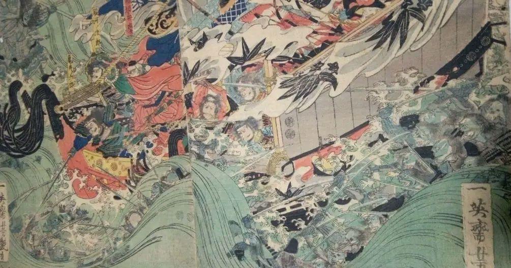 浮世絵、大物浦義経渡圖芳艶画三枚綴りの右側と左側繋がってます。真ん中ありません。