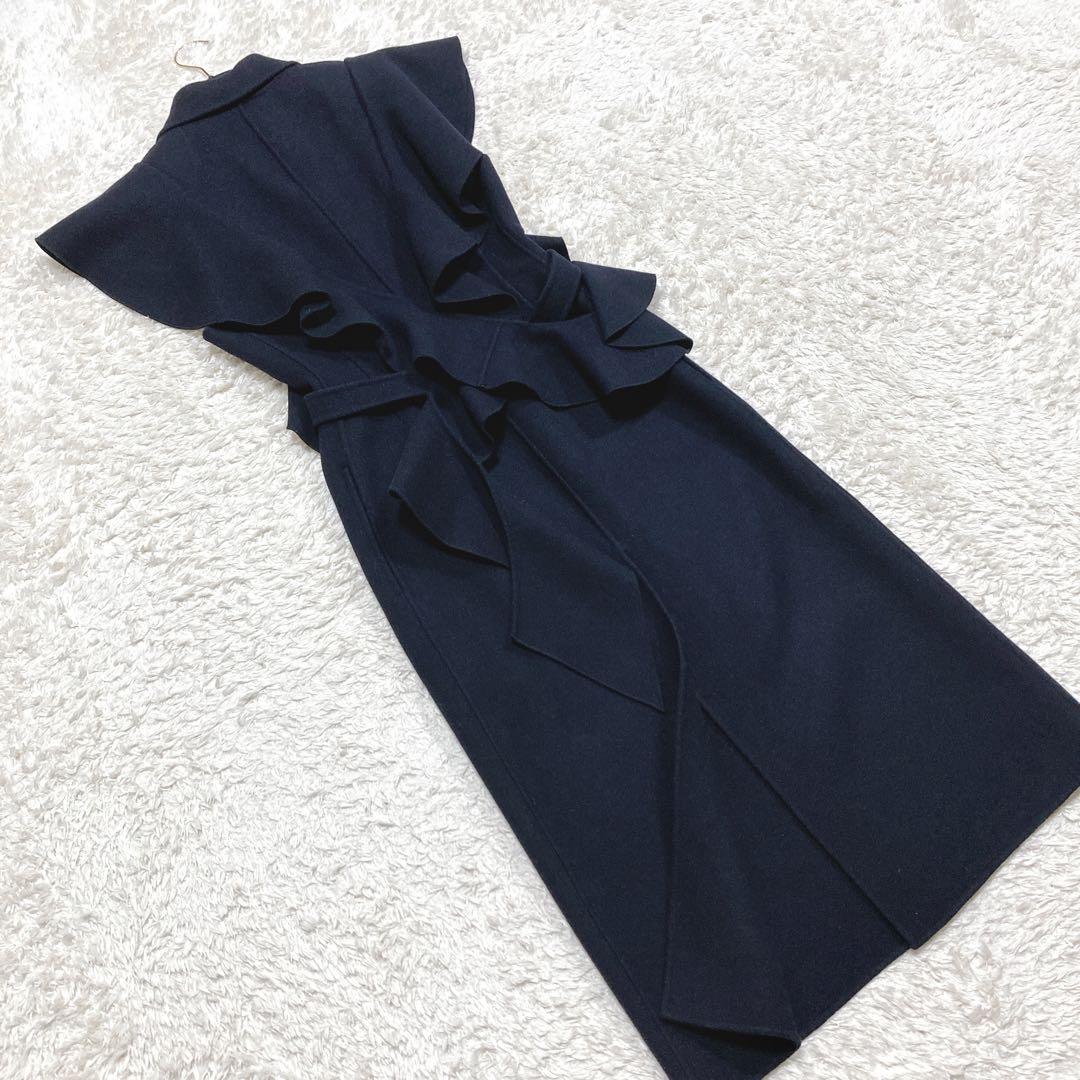 美品 アイレネ ロングジレ フリル ワンピース ラッフルベスト ウール 紺 36