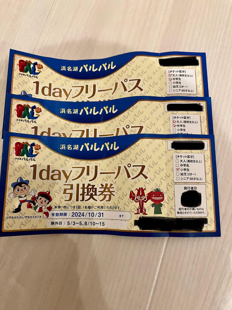 浜名湖パルパル 1dayフリーパス 大人（中学生以上）2枚・小学生1枚　合計3枚