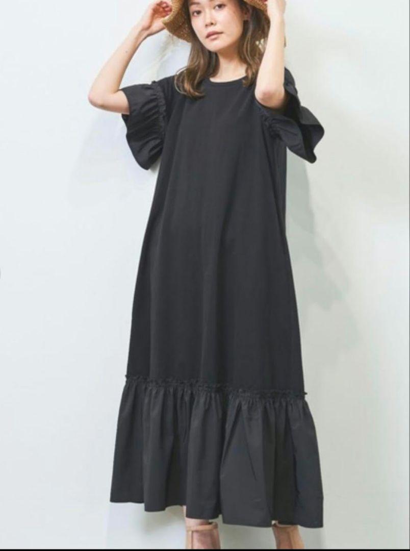 ✨美品✨HERENCIA 異素材ドッキングワンピ 黒 ゆったり◎