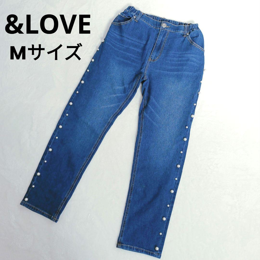 アンドラブ &LOVE 両サイドパール ビジューボタン デニム ハート M 青