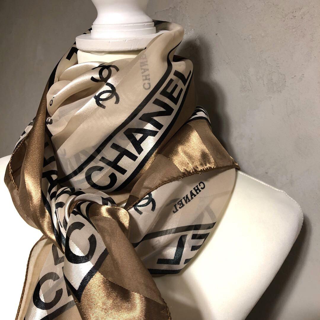 90～00s CHANEL ヴィンテージ スカーフ 大判 ブラウン 光沢