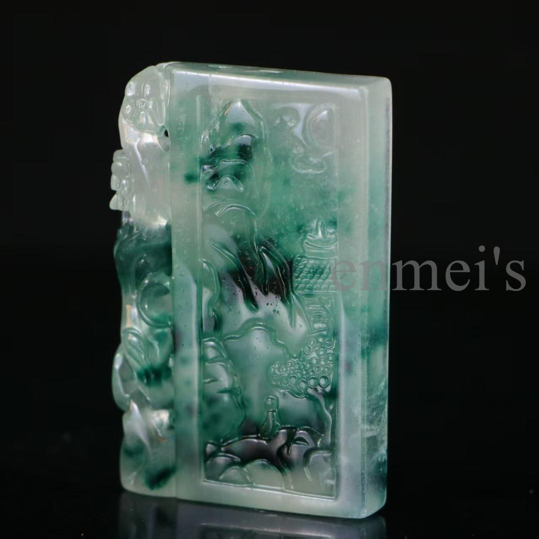 3　中国美術品　山水絵　筆筒　高さ16cm 天然高氷種翡翠 山水図彫刻アート 長方形牌 縁起 中国美術品