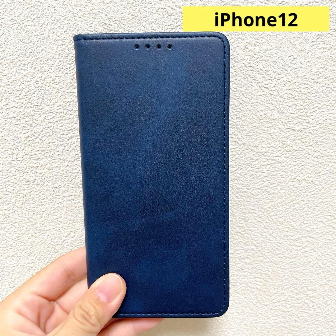 iPhone12 手帳 カバー スマホケースレトロネイビー カード入れ シンプル