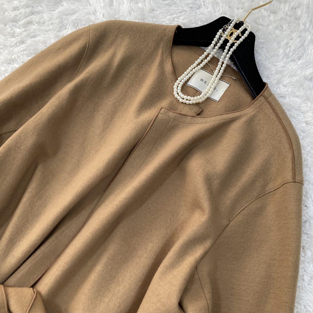 美品♡ ベイジ ノーカラーコート ロング丈 キャメル ベルト付き サイズ4
