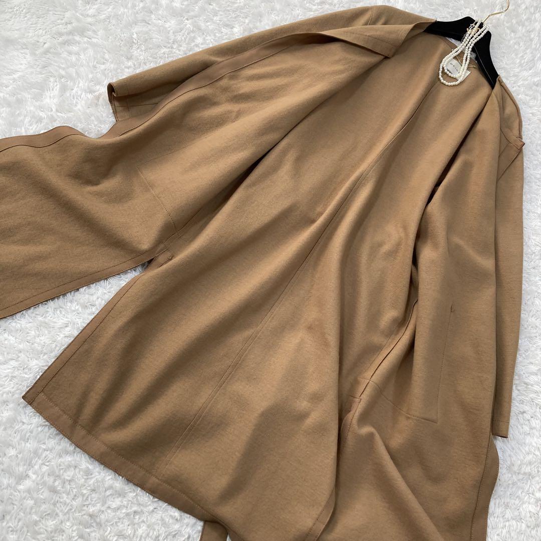美品♡ ベイジ ノーカラーコート ロング丈 キャメル ベルト付き サイズ4