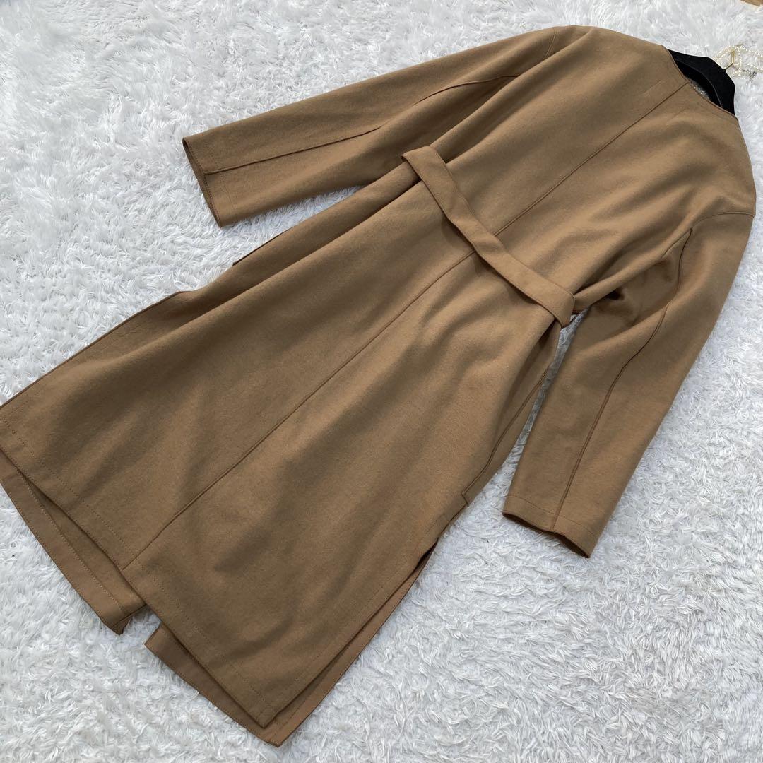 美品♡ ベイジ ノーカラーコート ロング丈 キャメル ベルト付き サイズ4