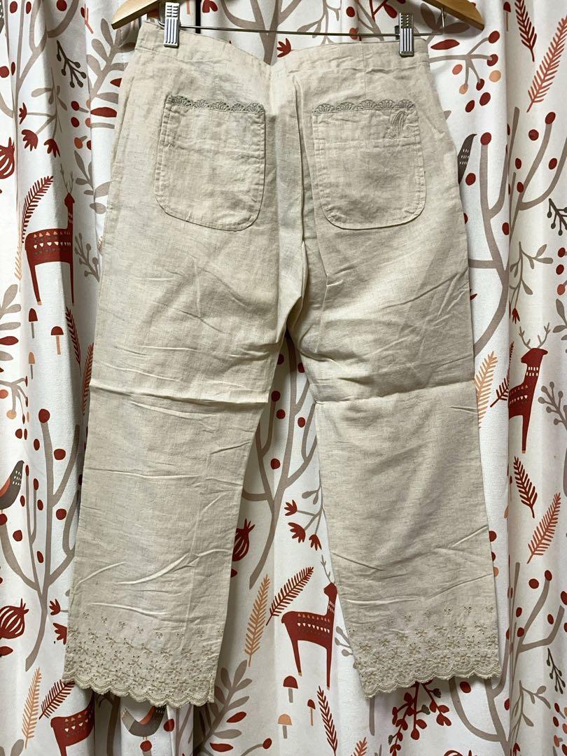 お歳暮 人気 シュシュドママン 七分丈 半端丈 カットワーク コットンリネン パンツ
