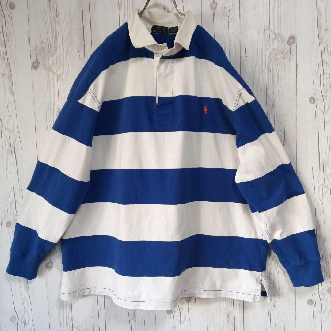 Polo 長袖ラガーポロシャツ 青白ストライプ メンズ2X ラルフローレン長袖 Polo 長袖ラガーポロシャツ 青白ストライプ メンズ2X ラルフ