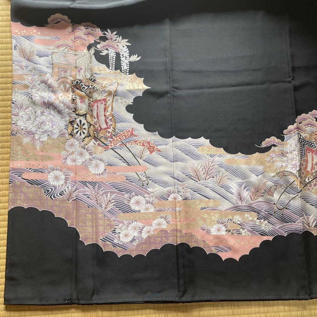 黒留袖　留袖　正絹　五つ紋　比翼仕立て　金彩　御所車