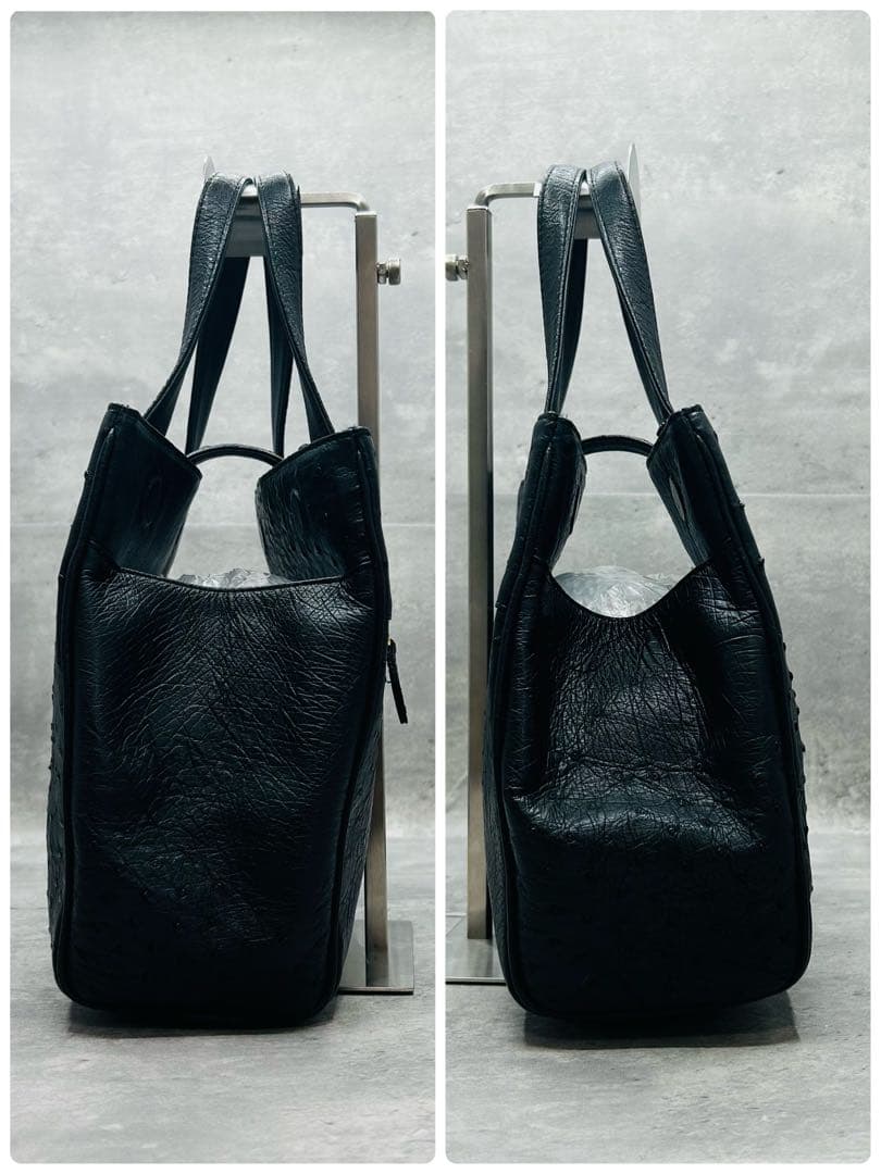 未使用級/高級◯ オーストリッチ ハンドバッグ フラップ 皇室御用達 ブラック