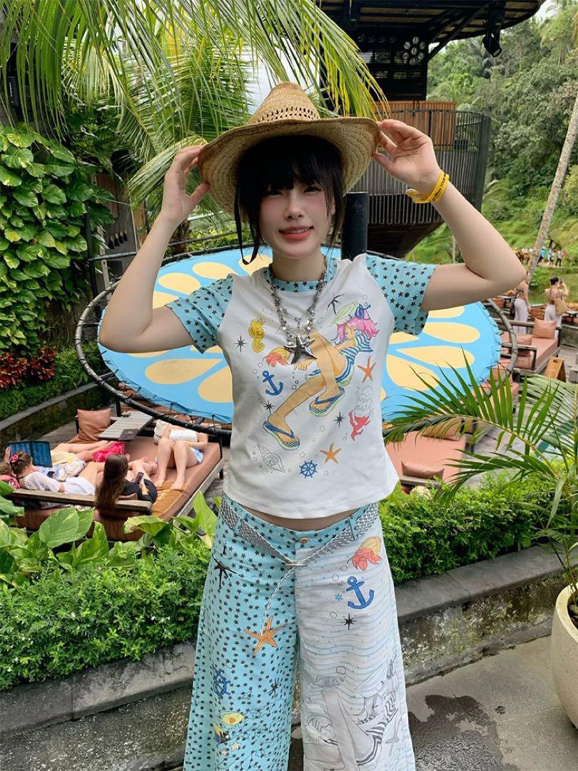 1moresheep×青りんご「わたしの航海日記☆スター袖Tシャツ」トップス