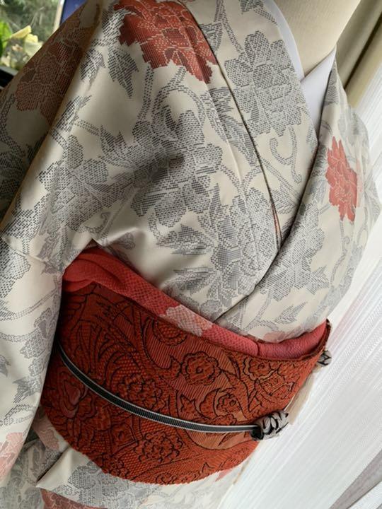 在庫国産 正絹 唐花模様 小紋 単品 ShA5p-m66216998122 白大島 白×グレー×オレンジ 在庫あ低価