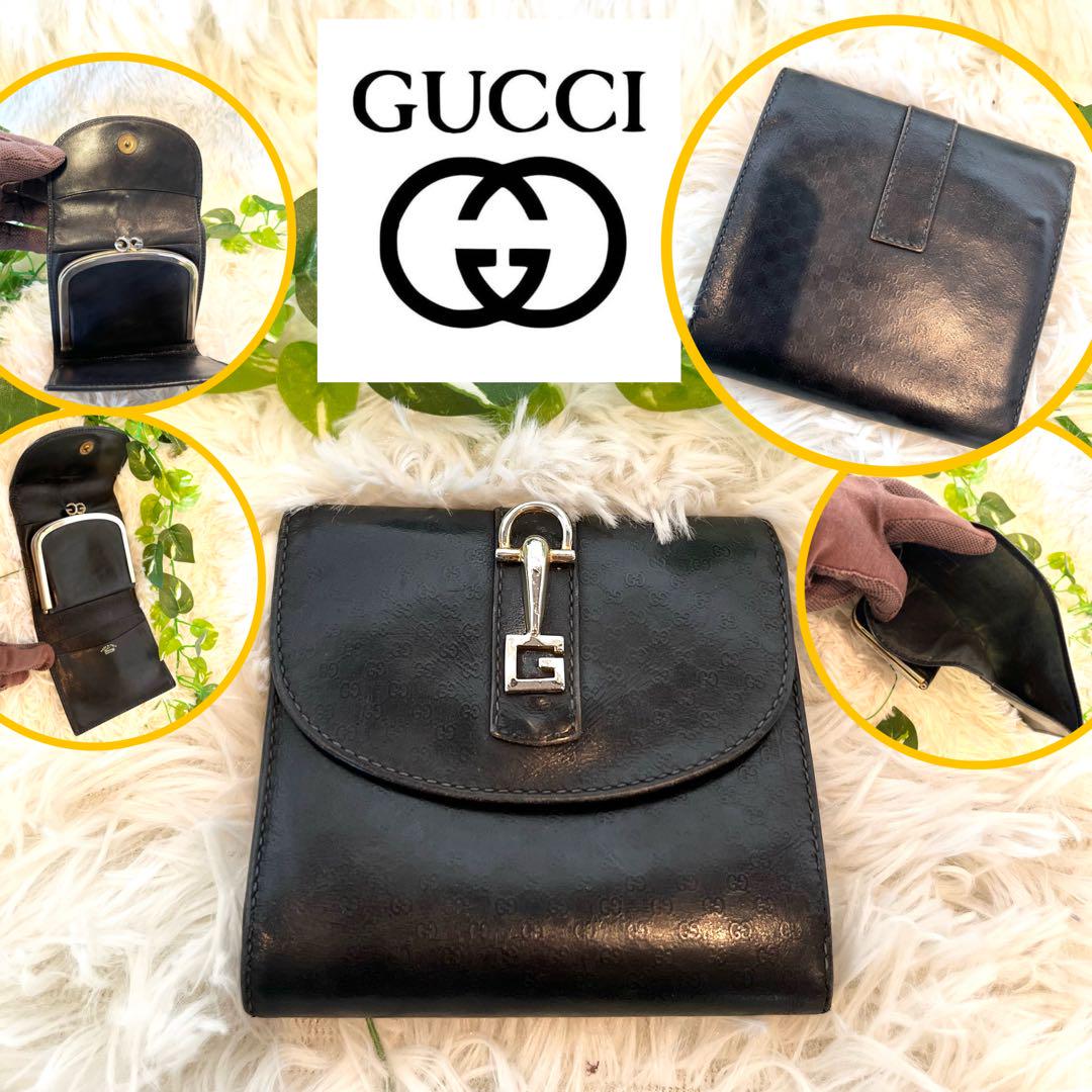 GUCCI ❤️3つ折り財布 GG マイクロシマ がま口 ブラック ホースビット